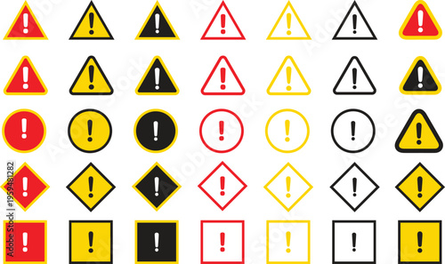  Set of warning signs with exclamation marks in various black and yellow, Collection of warning signs in yellow and red, warning sign, Caution warning signs set.