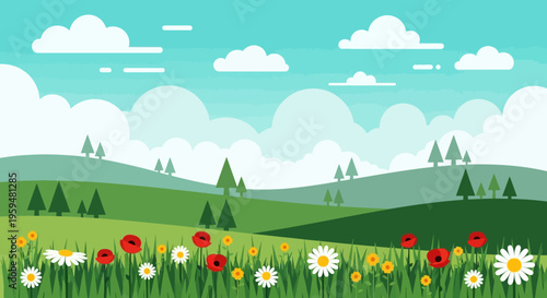 Flat Design Summer Meadow Landscape with Rolling Green Hills and Wildflowers