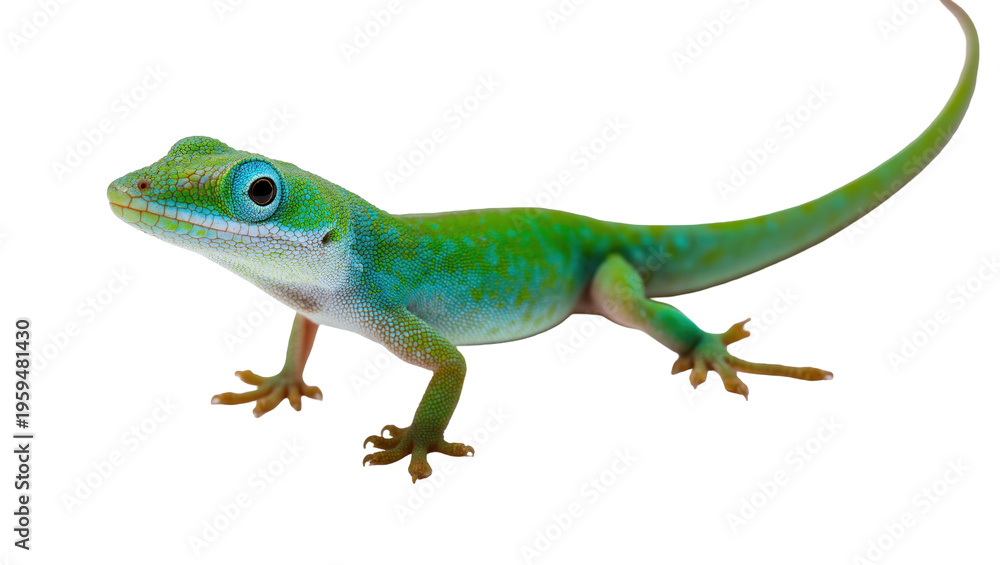 Fototapeta premium Detailed vibrant green lizard with striking blue eyes, a beautiful tropical reptile