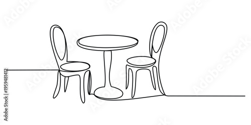 Continuous line drawing of a small circular table set with two chairs for a modern cafe interior