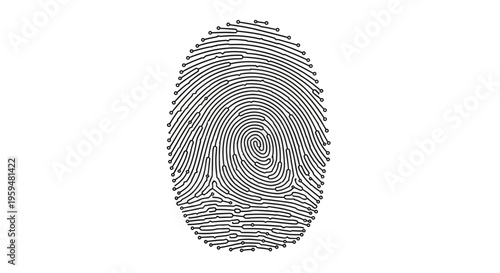 Stylized fingerprint graphic with circuit board-like connections and small circles