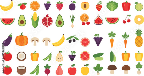 Colorful fruits and vegetables icon set including apple, banana, watermelon, avocado, carrot, grapes, mushrooms, and healthy food vector illustration collection