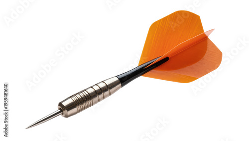 Quadro su tela Close-up of a professional steel tip dart with vibrant orange flights, ready for