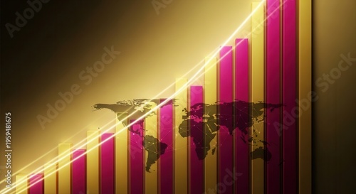 Magenta gold vertical bars, diagonal composition, light streaks, world map silhouettes, cinematic contrast, sleek investment growth visualization.