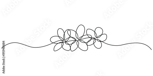 A continuous single line drawing of three delicate stylized flowers arranged in a horizontal row