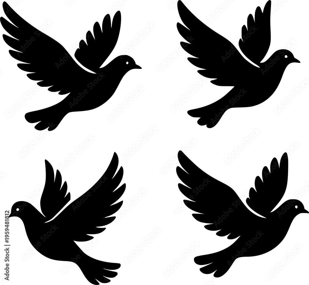 Fototapeta premium Flying dove illustration icon set, in silhouette design