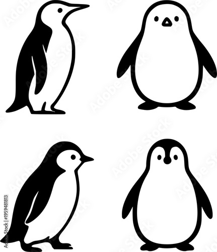 Penguin illustration icon set, in outline design
