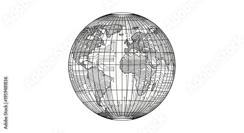 Detailed line drawing of Earth globe showing continents, oceans, and grid lines