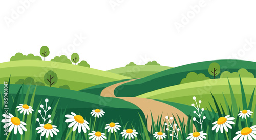 Flat Design Summer Landscape with Rolling Green Hills, Winding Path, and Wildflowers