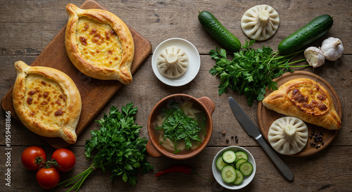 Imereti khachapuri, khinkali and soup kharcho on table with vegetables