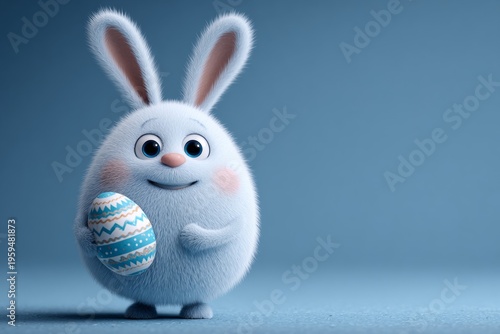 Radiating happiness: easter bunny and egg celebration visual. Candid shot. Intricate easter egg held by a sparkling-eyed blue bunny. Pure emotion. Authentic moment.