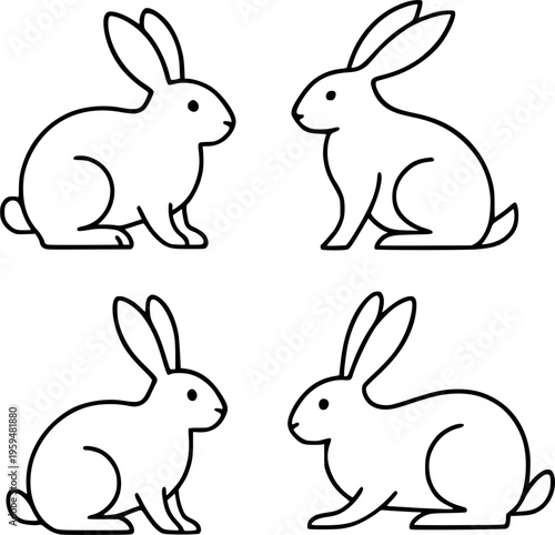 Rabbit illustration icon set, in outline design