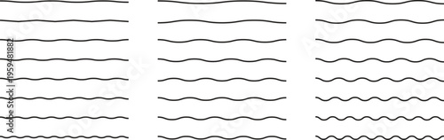 Wave line and wavy zigzag pattern lines. PNG black underlines, smooth end squiggly horizontal, squiggles.  Vector,