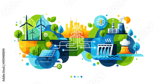 Eco friendly sustainable energy, renewable power icons, environmental conservation symbols, green technology illustrations