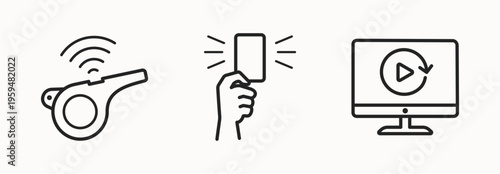 Football Referee Vector Icon set – Minimalist flat outline style contain Whistle, Penalty Card and Video Review Line Vector