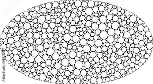 A dense, abstract pattern of varying-sized circles within an oval border