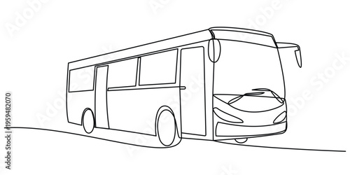 A single continuous line drawing of a modern passenger bus traveling along a straight road path