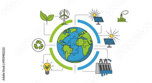 Eco friendly icons, sustainable energy symbols, green technology illustrations, environmental conservation graphics