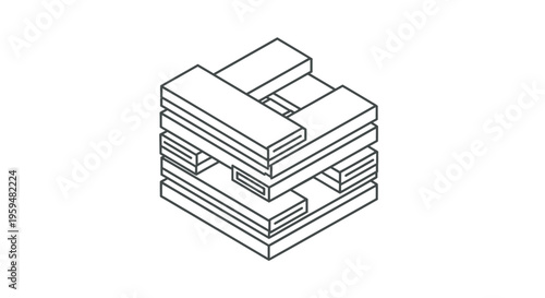 Stacked, interlocking rectangular prisms create an abstract, isometric structure