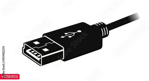 Black USB connector and cable on white background, detailed illustration