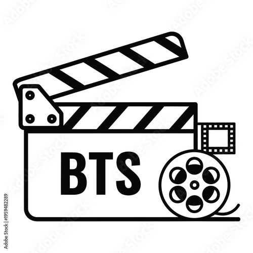 Black and white film clapper board with film reel and BTS text icon