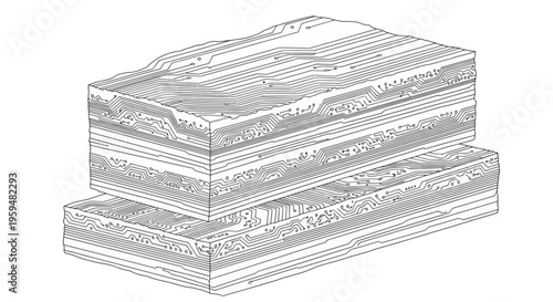Isometric view of layered circuit boards with complex etchings