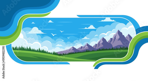 Modern Flat Vector Illustration of a Scenic Mountain Landscape with Green Meadows, Pine Forest, and Blue Sky in an Abstract Frame