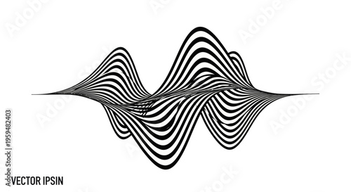A black and white wavy optical illusion of flowing striped bands against a white background