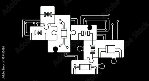 Interconnected puzzle pieces form a digital circuit with components