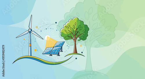 Eco friendly energy, renewable power, solar panel, wind turbine, sustainable icon