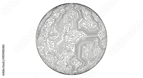 Sphere adorned with intricate circuitry patterns against a stark white backdrop