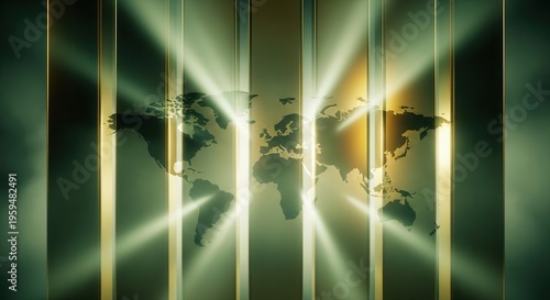 Gold emerald vertical bars rising through soft haze, light streaks, world map silhouettes, cinematic contrast, modern economy.