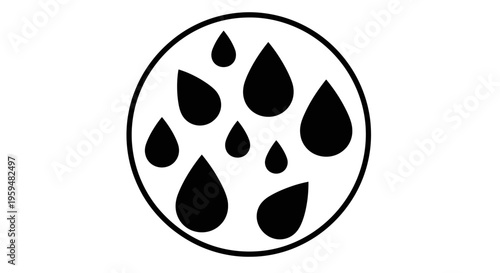 A circular outline contains multiple black teardrop shapes of varying sizes