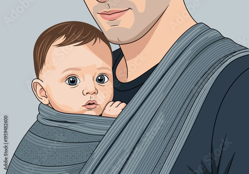Vector Illustration of a Father Carrying a Baby in a Fabric Wrap Carrier, Concept of Modern Parenting and Fatherhood Bonding