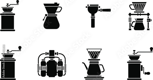 Coffee brewing equipment icon set with grinder, dripper, espresso portafilter and siphon. Black silhouette vector collection. Barista tools isolated for cafe design.