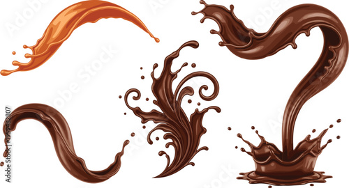 Chocolate and caramel liquid splashes set. Dynamic vector illustration of sweet syrup flows and drops. Realistic dessert elements isolated for food design.