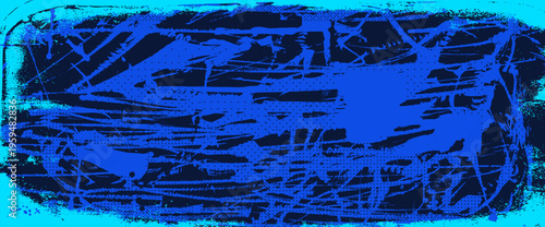 Grunge neon blue poster featuring halftone patterns, vibrant ink splashes, and rough urban textures. Modern graffiti banner with bold blue colors and street art elements. Vector half tone effect bg.