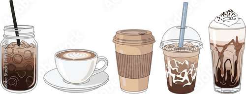 Coffee drinks collection with iced coffee, latte, takeaway cup and frappuccino. Modern vector illustration of cafe beverages. Stylish drink set isolated for menu design.