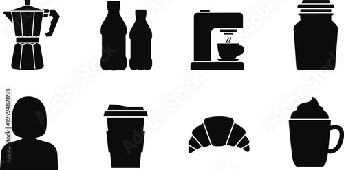 Coffee and cafe icon set with barista, espresso machine, croissant and takeaway cup. Solid black silhouette vector collection. Modern coffee shop elements isolated.