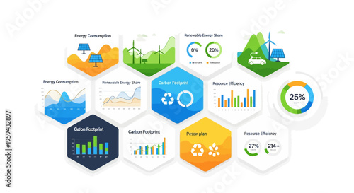 Eco friendly business infographics, sustainable development icons, green technology symbols, environmental data charts