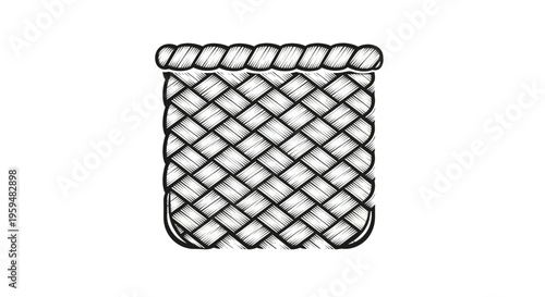 Black and white sketch of a woven basket with braided rope trim
