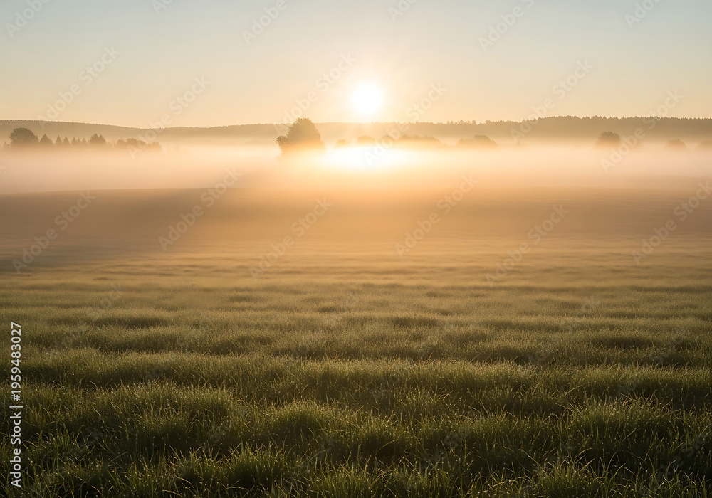 Fototapeta premium Ethereal Morning Mist Over Rolling Green Meadow | Peaceful Rural Landscape with Sunrise and Foggy Countryside Beauty