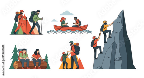 Adventure and Outdoor Activity Vector Illustrations Set: Hiking, Rock Climbing, Canoeing, and Family Trekking Icons for Travel and Tourism Projects