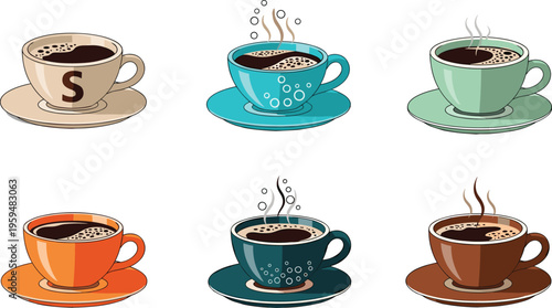 Colorful coffee cups collection with hot drinks. Modern flat style cafe illustration set. Perfect for menu design, branding and beverage visuals.
