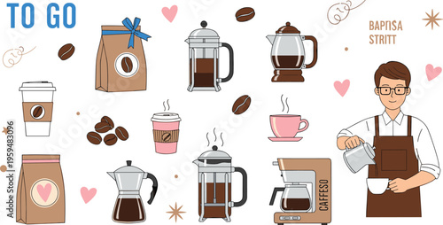 Coffee to go concept with barista and brewing tools set. Modern cafe illustration collection. Perfect for branding, menu design and coffee shop visuals.