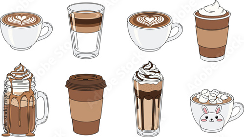 Coffee drinks collection with latte, frappe and takeaway cups. Cute and modern cafe beverage set. Perfect for menu design, branding and coffee shop visuals.