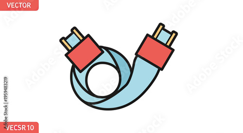 A stylized, looping, light blue cable with red and yellow connectors forms a circular shape