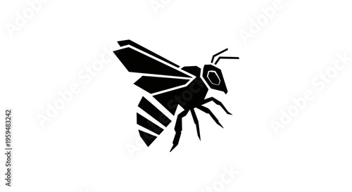 Stylized black bee silhouette with angular wings and segmented body