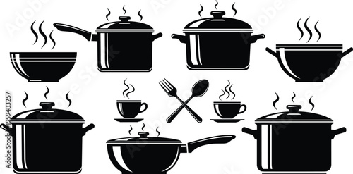 Cooking pots and hot food icons set. Solid black kitchen cookware collection with steam elements. Perfect for restaurant menu, kitchen design and food branding.