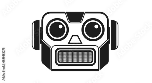 Stylized robot head illustration with large round eyes and a gridded mouth